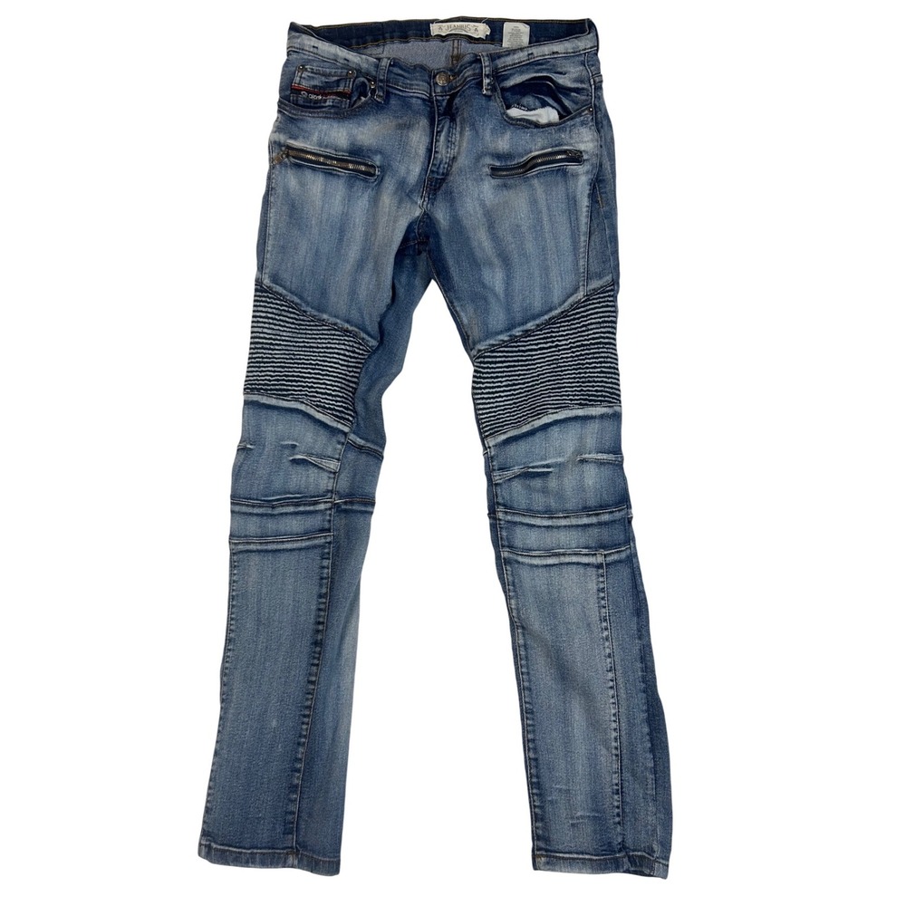 JEANIUS Mens Blue Moto Jeanius Biker Jeans Slim Fit‎ 34 x 32 Akademics